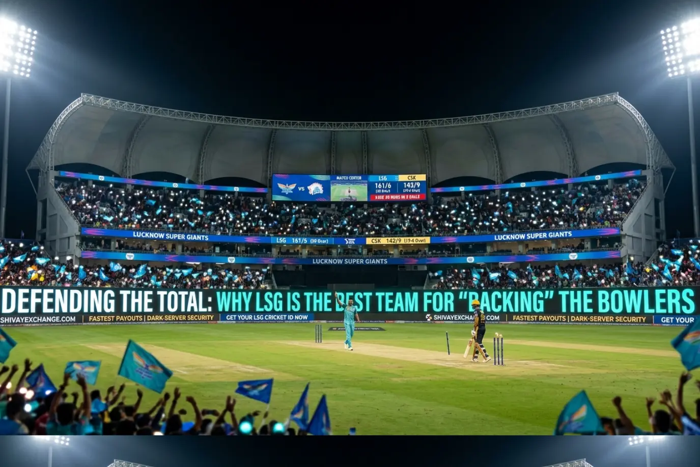 Night cricket match at a packed stadium